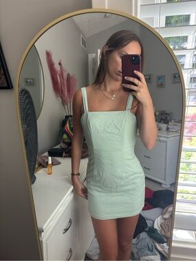 Mint Linen Square-Neck Bodycon Dress